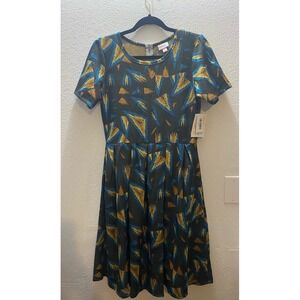 LuLaRoe Amelia Dress Women Large Black Blue Gold Geometric NWT Short Sleeve Zip